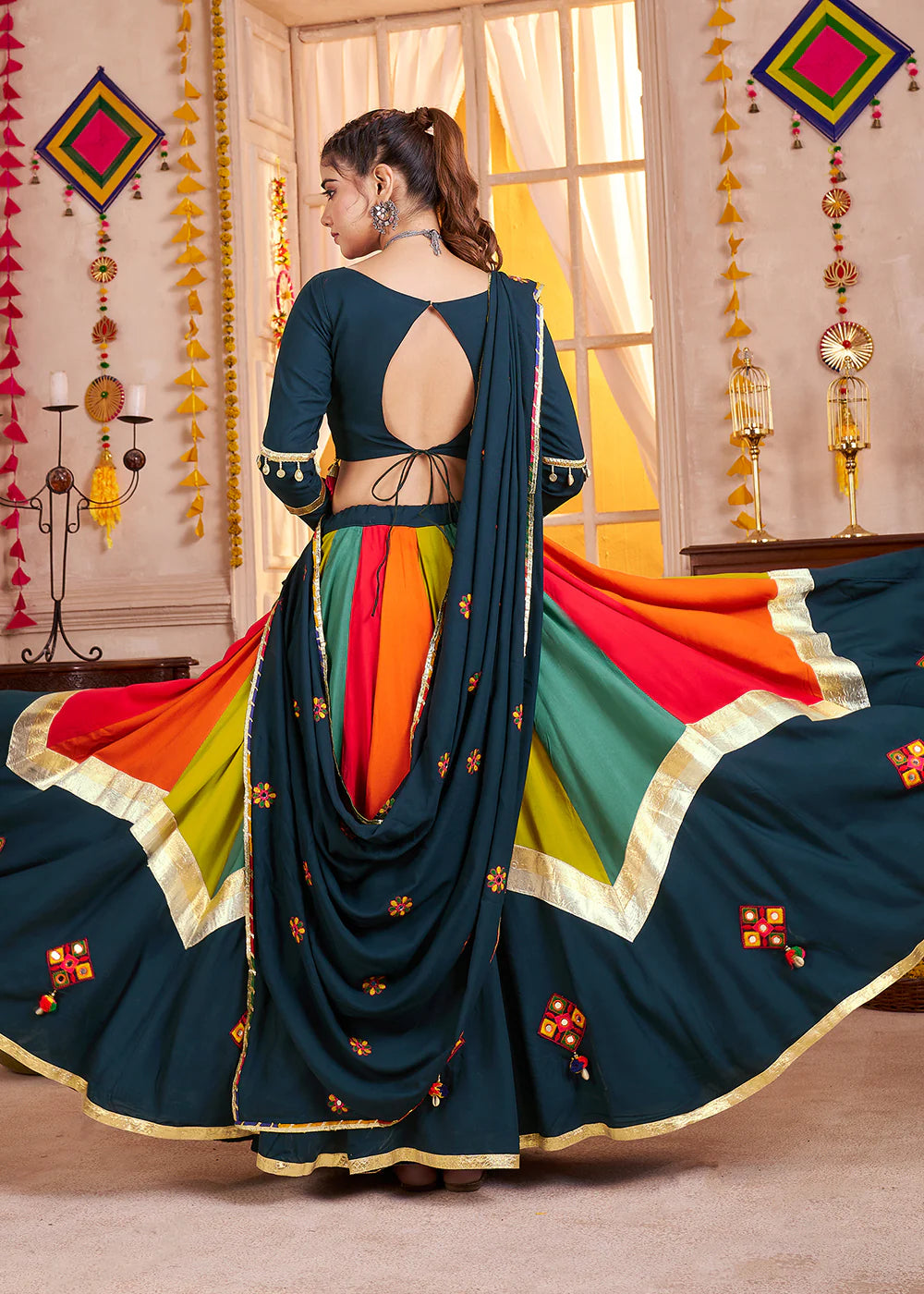 Teal Blue and Multicolor Mirror Work Navratri Lehenga Choli