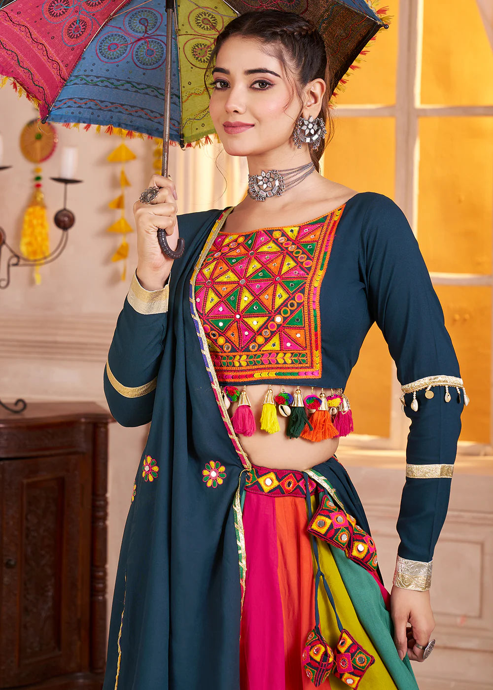 Teal Blue and Multicolor Mirror Work Navratri Lehenga Choli