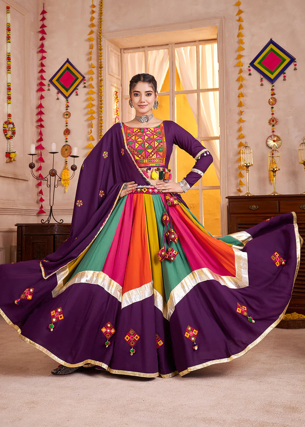 Purple and Multicolor Mirror Embroidered Navratri Lehenga Choli