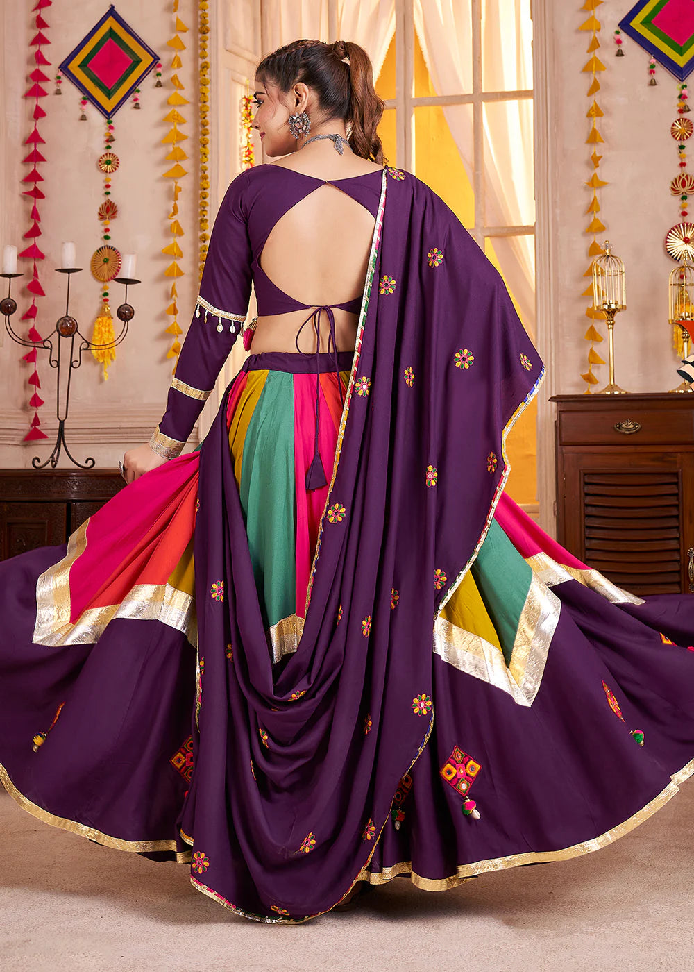 Purple and Multicolor Mirror Embroidered Navratri Lehenga Choli