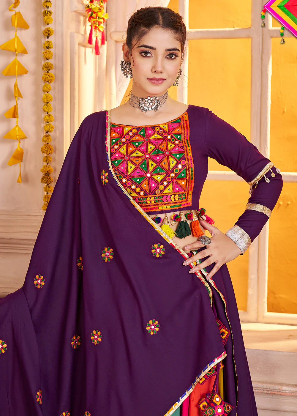 Purple and Multicolor Mirror Embroidered Navratri Lehenga Choli