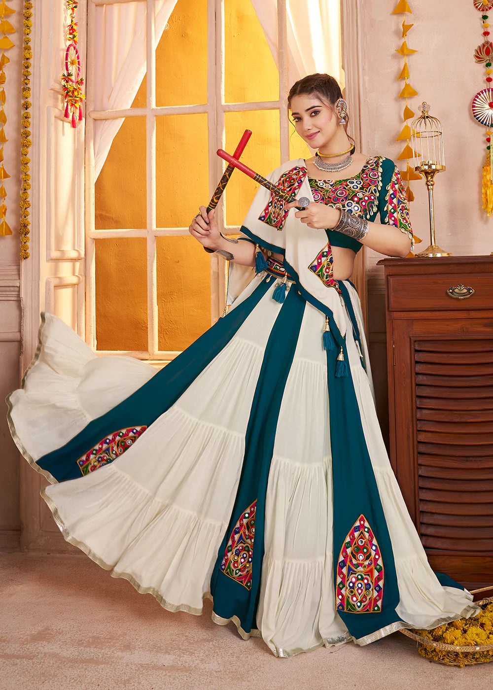 Multicolor Kutchi Mirror Work Navratri Lehenga Choli with Dupatta