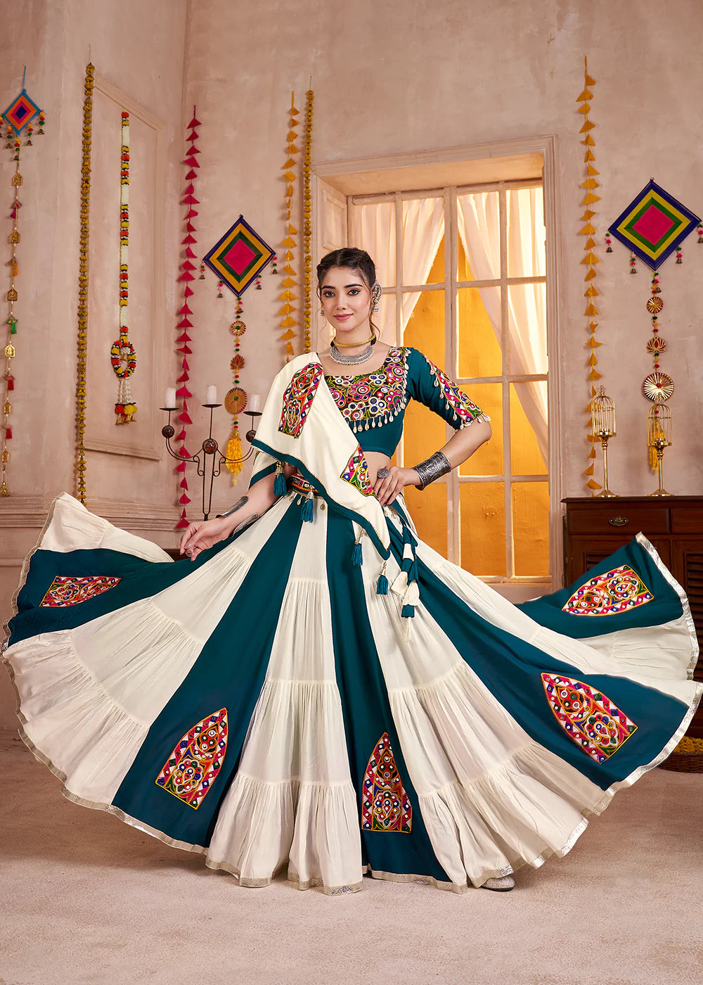 Multicolor Kutchi Mirror Work Navratri Lehenga Choli with Dupatta