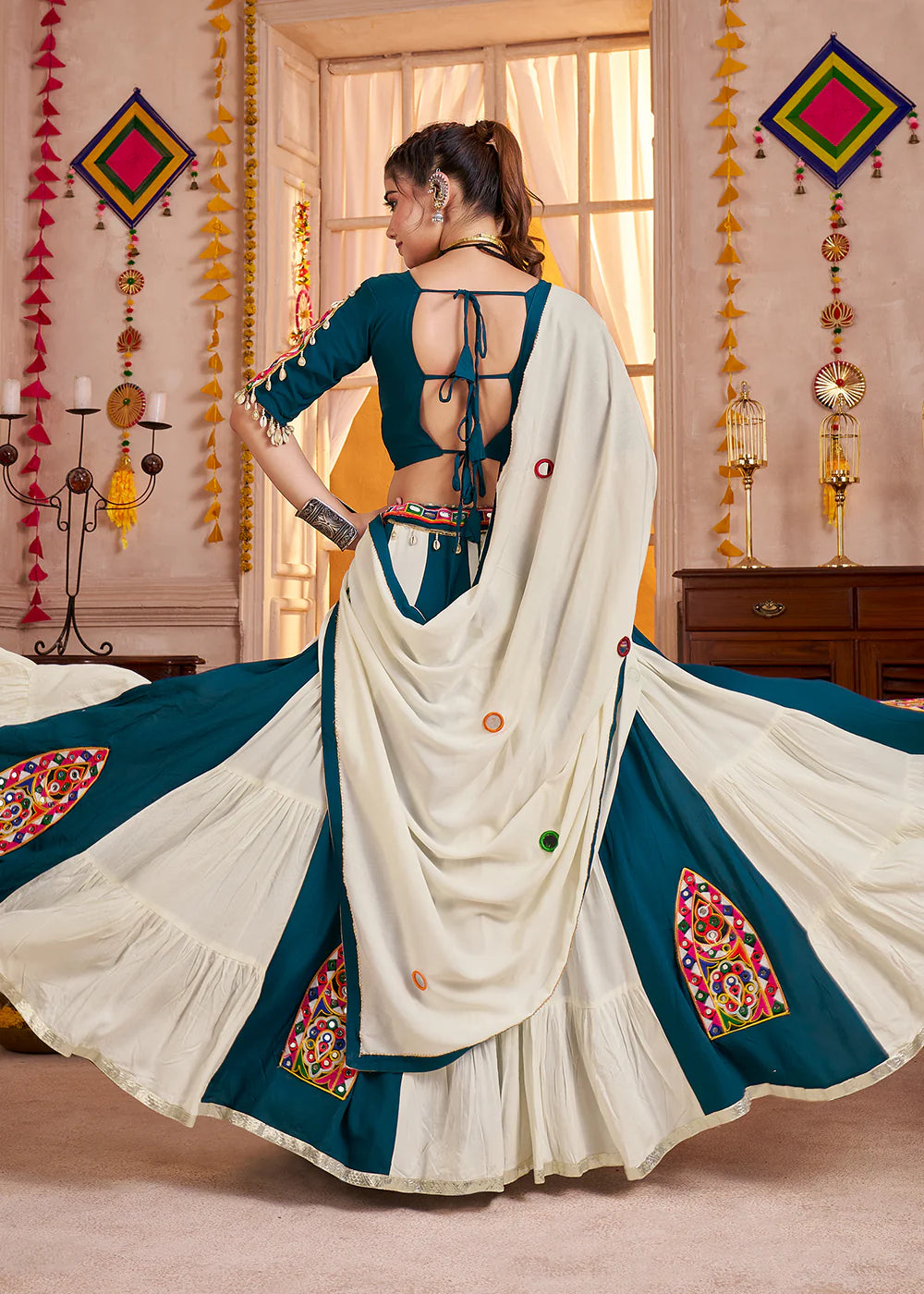 Multicolor Kutchi Mirror Work Navratri Lehenga Choli with Dupatta