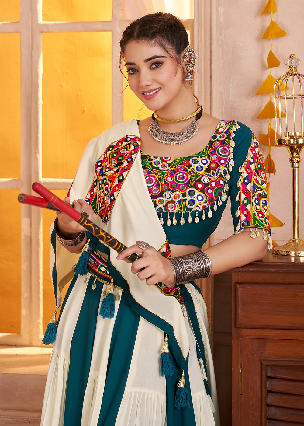 Multicolor Kutchi Mirror Work Navratri Lehenga Choli with Dupatta