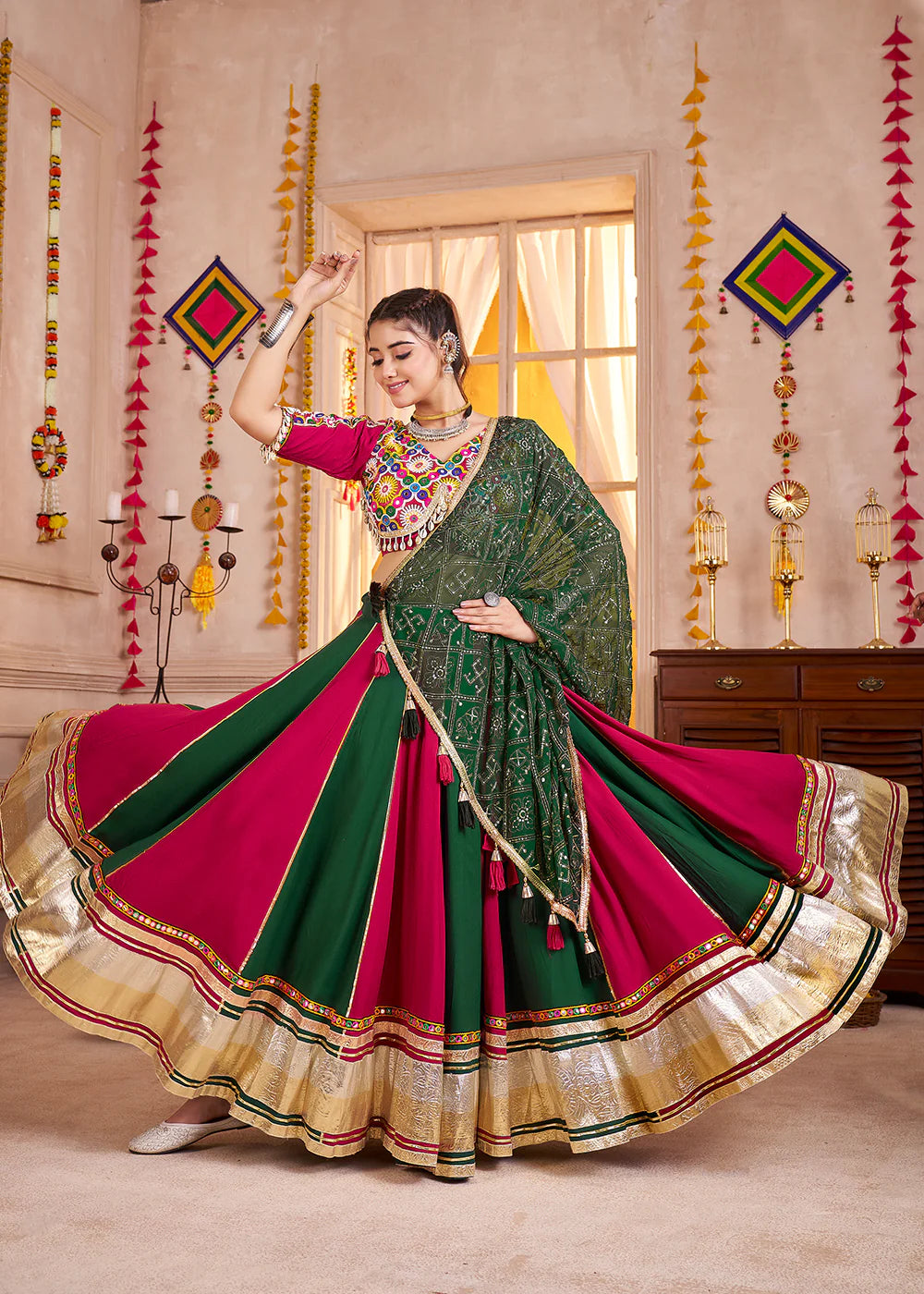 Multicolor Navratri Lehenga Choli with Mirror & Faux Dupatta