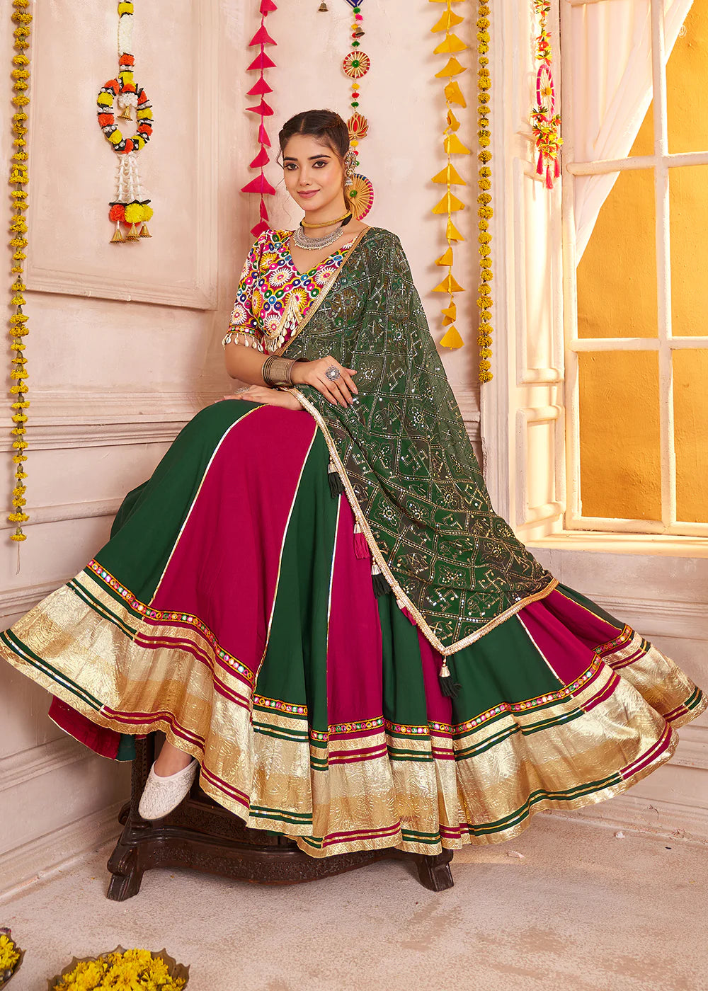 Multicolor Navratri Lehenga Choli with Mirror & Faux Dupatta