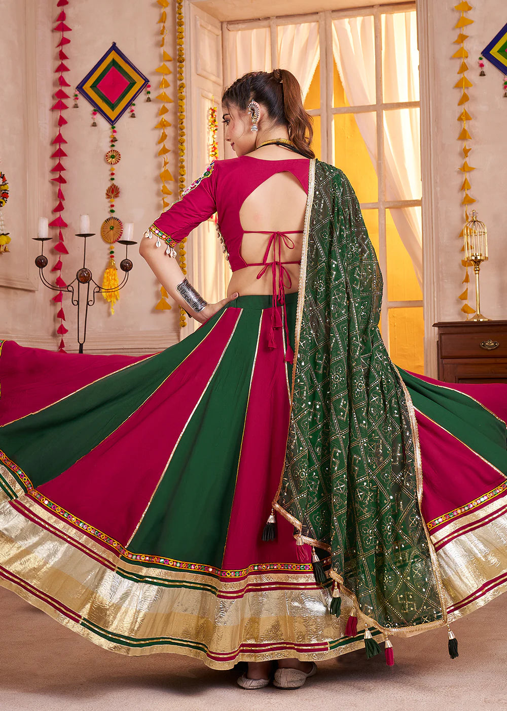 Multicolor Navratri Lehenga Choli with Mirror & Faux Dupatta
