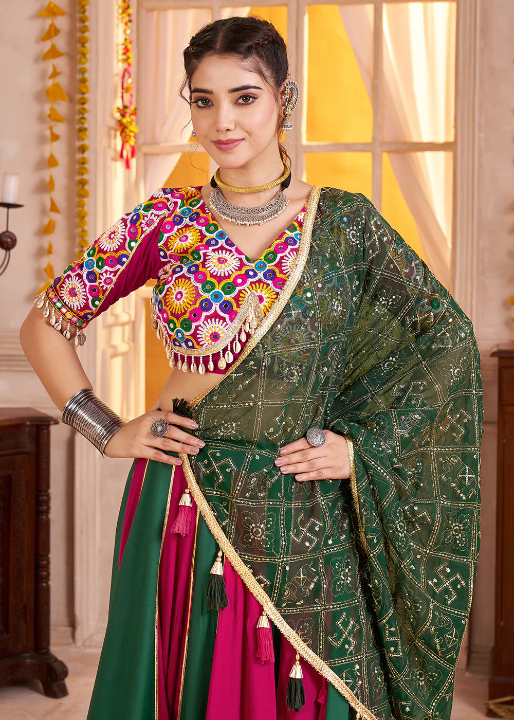 Multicolor Navratri Lehenga Choli with Mirror & Faux Dupatta