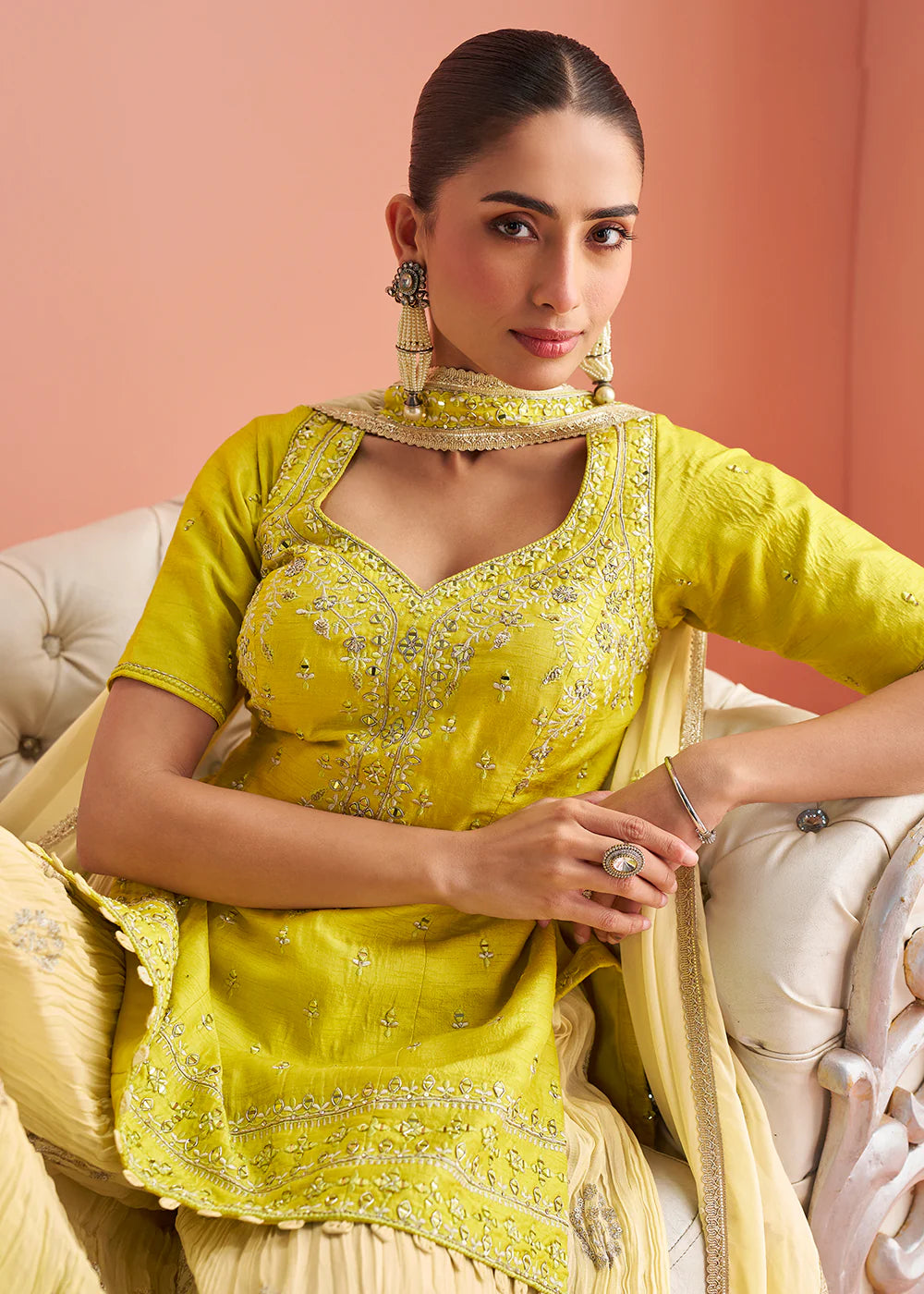 Designer Lemon Yellow Chinon Silk Embroidered Palazzo Suit with Dupatta For Indian Wedding and Pakistani Festival