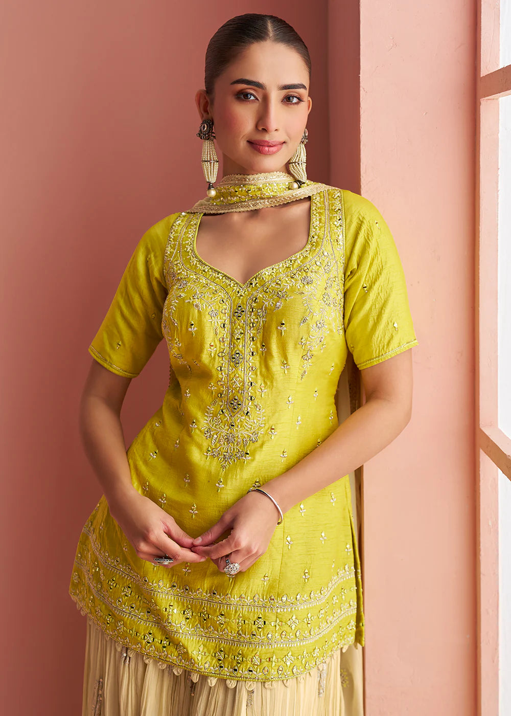 Designer Lemon Yellow Chinon Silk Embroidered Palazzo Suit with Dupatta For Indian Wedding and Pakistani Festival