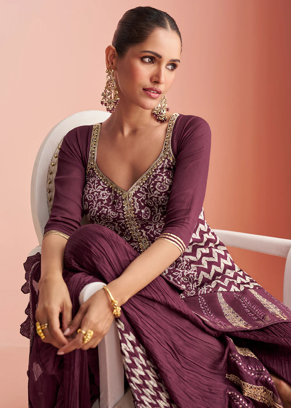 Designer Wine Chinon Silk Embroidered Palazzo Suit with Dupatta For Indian Wedding and Pakistani Festival