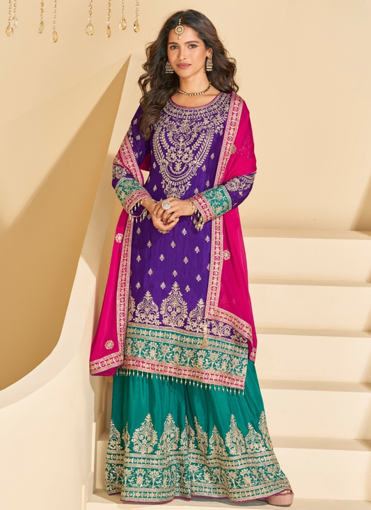 Purple and Teal Chinon Sharara Suit with Dupatta For Indian Wedding