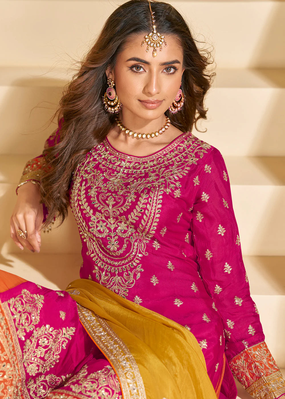 Rani Pink Chinon Sharara with Orange Pants and Yellow Dupatta for Bridemaids