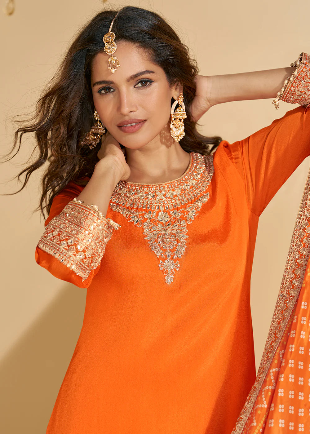 Orange Chinon Silk Sharara Suit With Dupatta For Indian Wedding