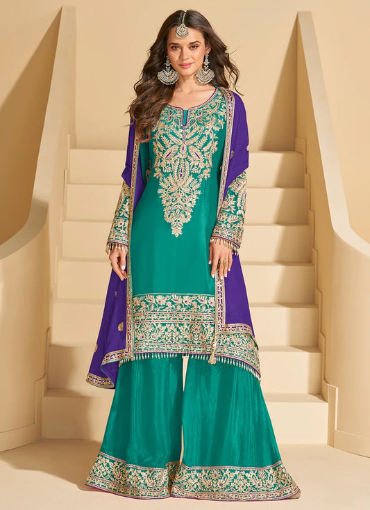 Bottle Green Chinon Sharara Suit with Purple Dupatta For Pakistani Wedding
