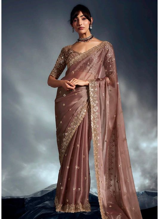 Designer Coffee Brown Silk Saree with Golden Embroidery