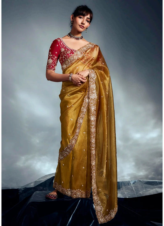 Party Wear Mustard Yellow Silk Saree with Zari Embroidery & Red Blouse