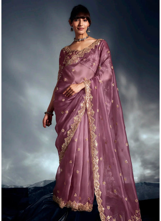 Designer Mauve Organza Saree with Golden Embroidery and Readymade Blouse