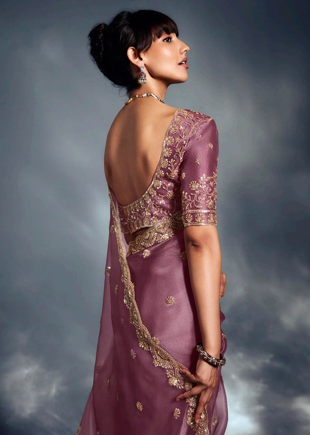 Designer Mauve Organza Saree with Golden Embroidery and Readymade Blouse