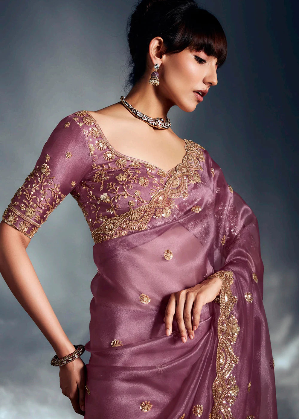 Designer Mauve Organza Saree with Golden Embroidery and Readymade Blouse