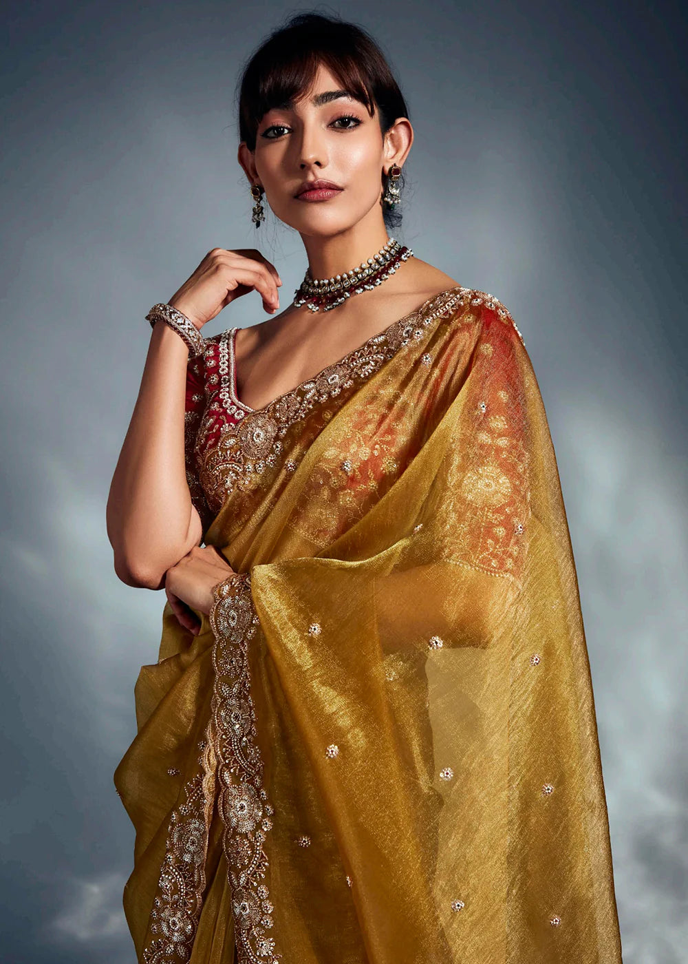Party Wear Mustard Yellow Silk Saree with Zari Embroidery & Red Blouse