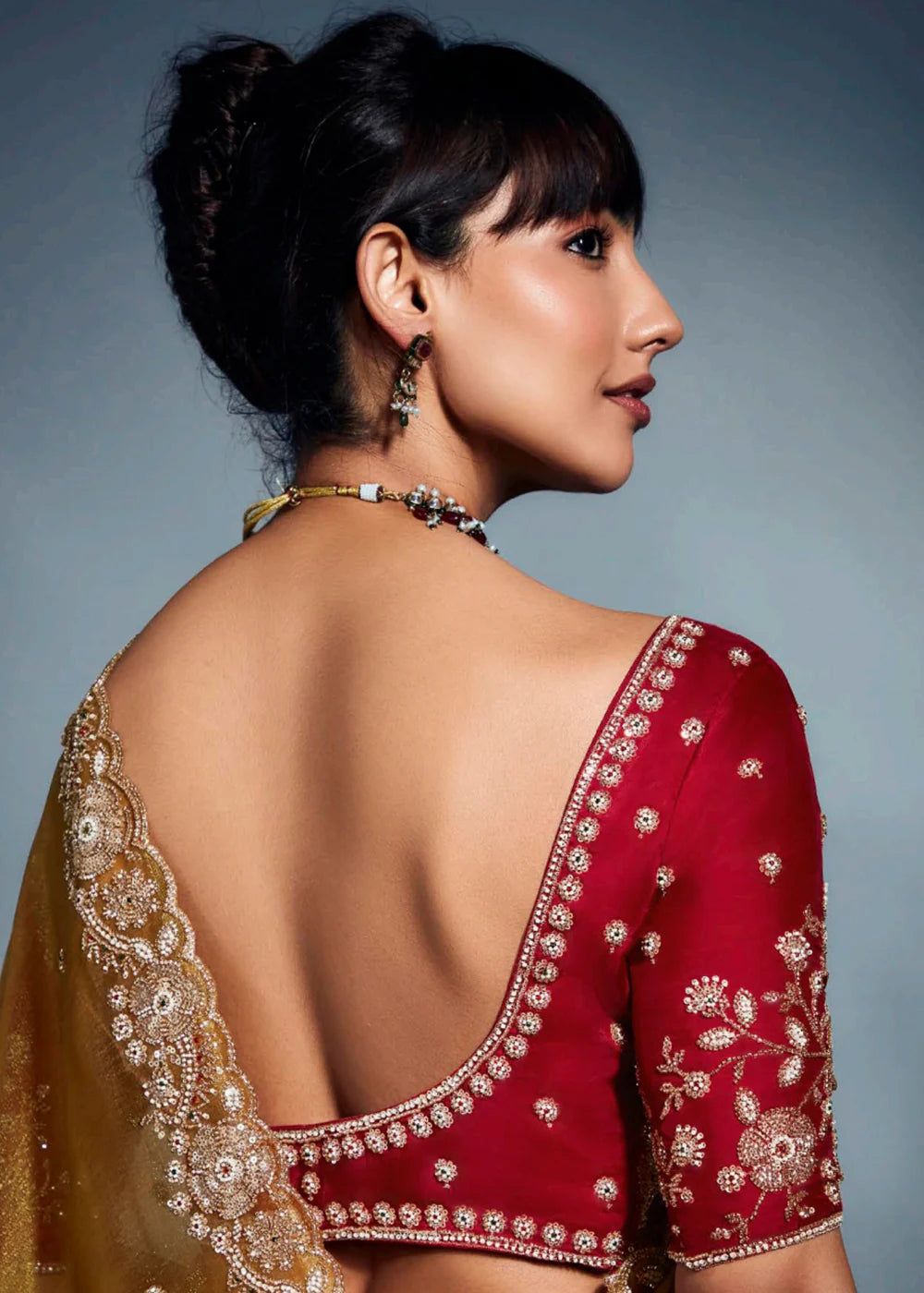 Party Wear Mustard Yellow Silk Saree with Zari Embroidery & Red Blouse