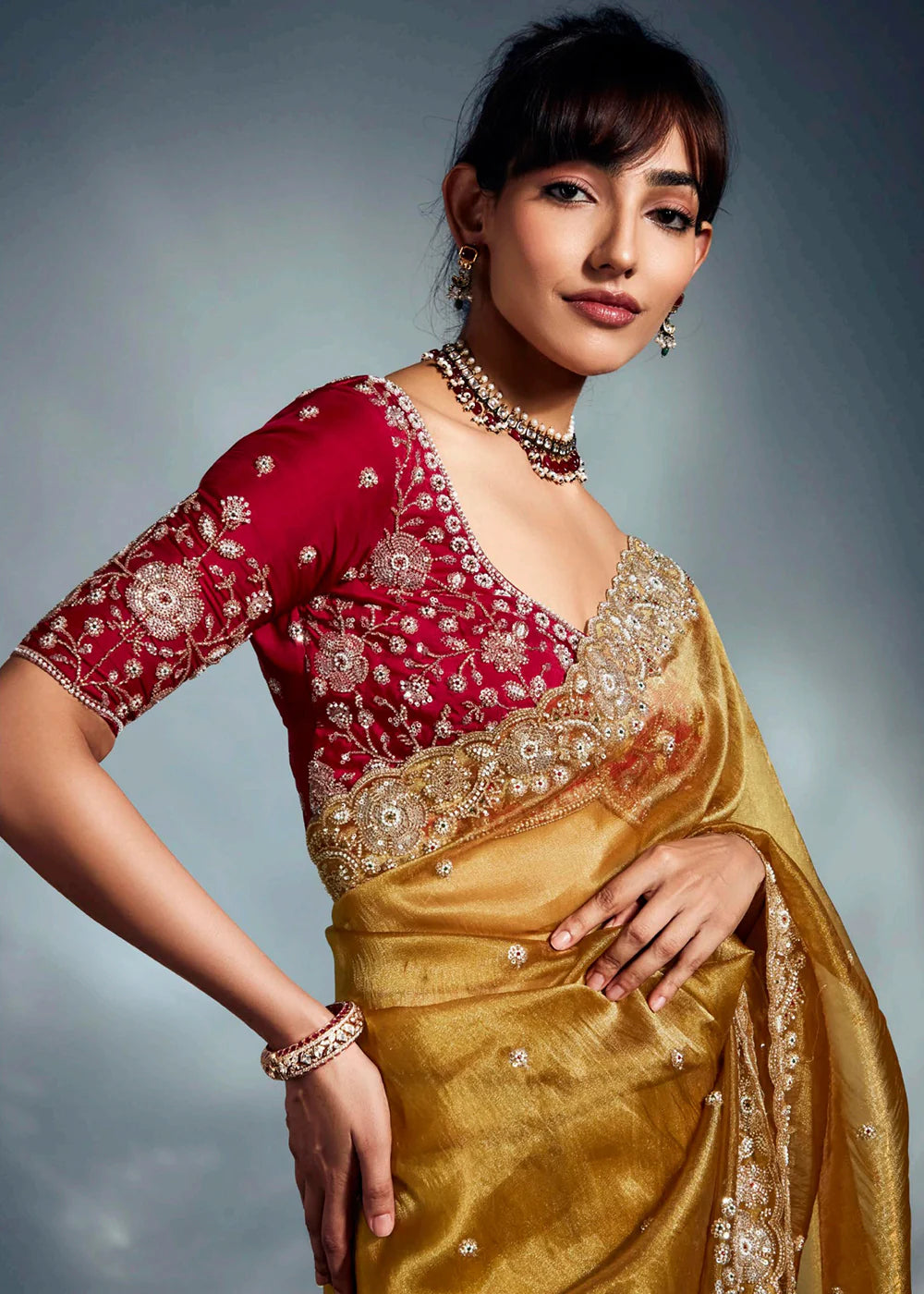Party Wear Mustard Yellow Silk Saree with Zari Embroidery & Red Blouse