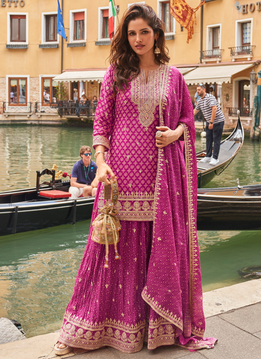 Magenta Pink Embroidered Chinon Sharara Suit with Dupatta for Indian Weddings