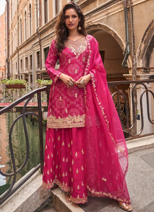 Rani Pink Chinon Embroidered Sharara Set for Weddings & Festive Wear