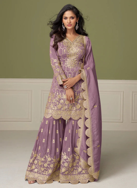 Lavender Simar Silk Sharara Suit with Dupatta For Indian Wedding and Pakistani Festival