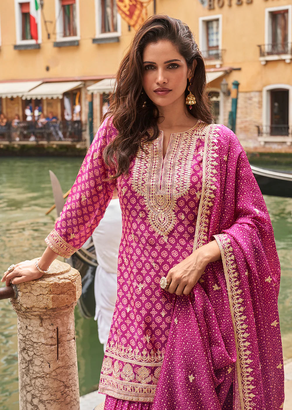 Magenta Pink Embroidered Chinon Sharara Suit with Dupatta for Indian Weddings