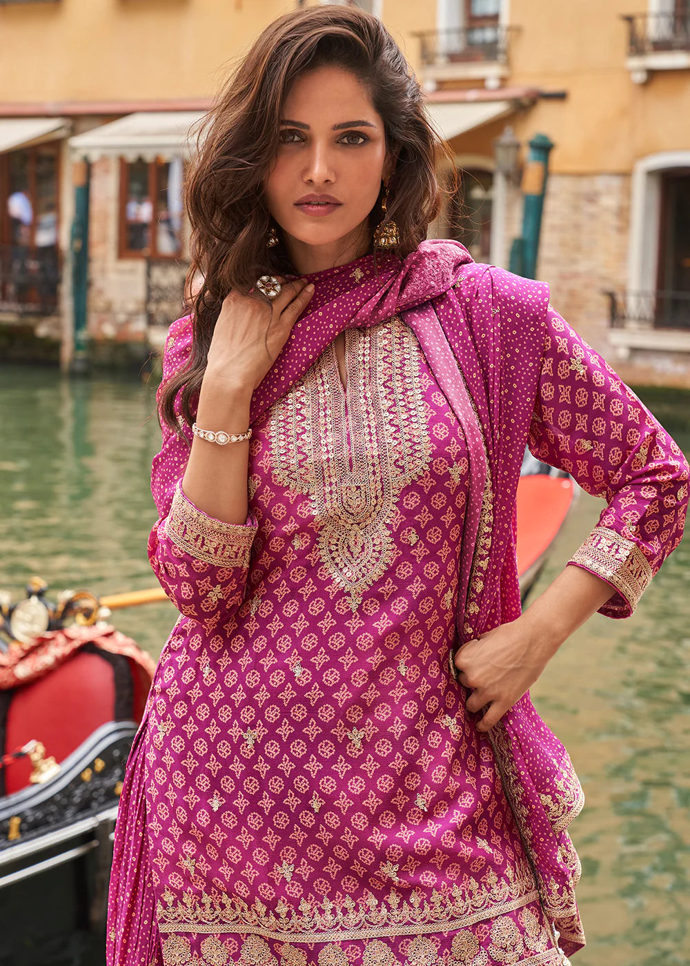 Magenta Pink Embroidered Chinon Sharara Suit with Dupatta for Indian Weddings