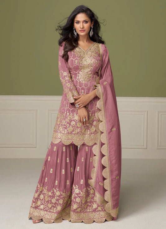 Dusty Pink Simar Silk Sharara Suit with Dupatta For Indian Wedding and Pakistani Festival