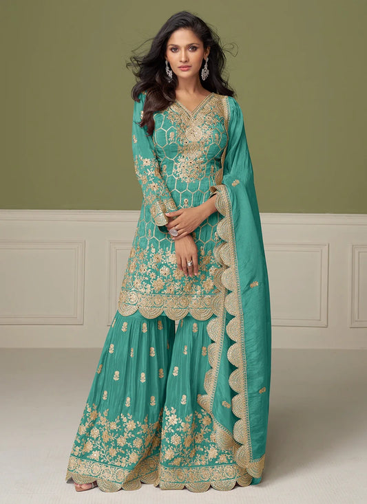 Teal Green Simar Silk Sharara Suit with Dupatta For Indian Wedding and Pakistani Festival