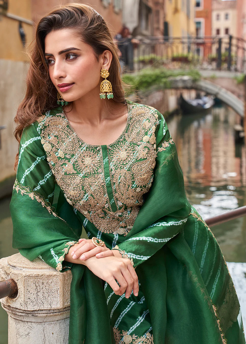Bottle Green Chinon Sharara Suit with Embroidery – Pakistani Festive Style
