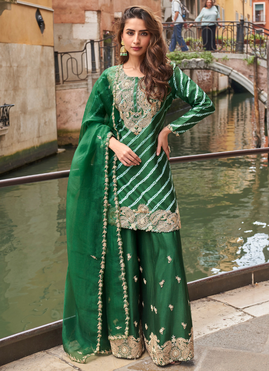 Bottle Green Chinon Sharara Suit with Embroidery – Pakistani Festive Style