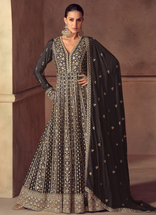 Designer Dark Brown Chinon Anarkali Gown For Party Wear