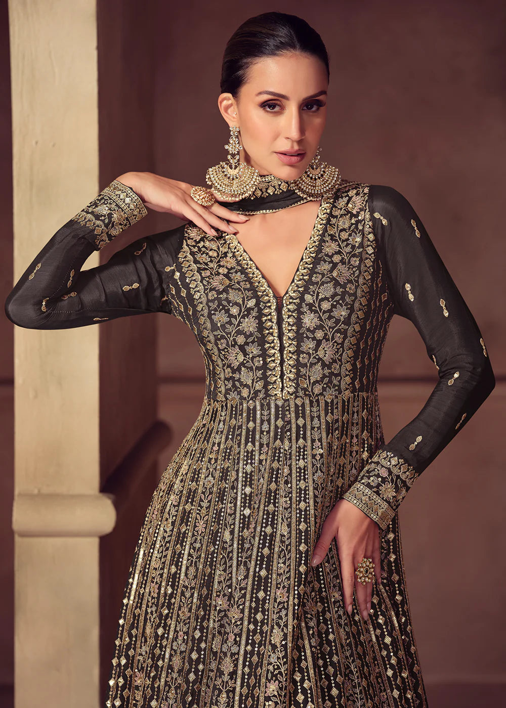 Designer Dark Brown Chinon Anarkali Gown For Party Wear