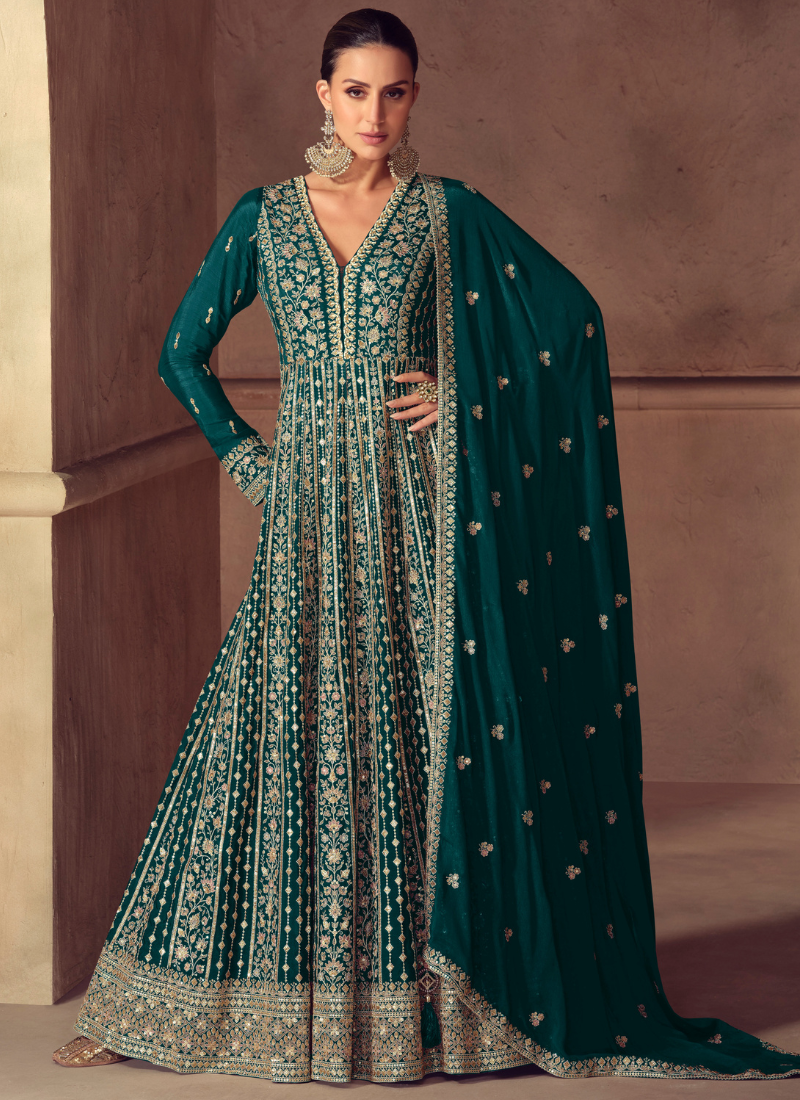 Buy Online Designer Bottle Green Chinon Anarkali Gown For Indian Wedding S (36'') Buy Online Designer Bottle Green Chinon Anarkali Gown For Indian Wedding S (36'')