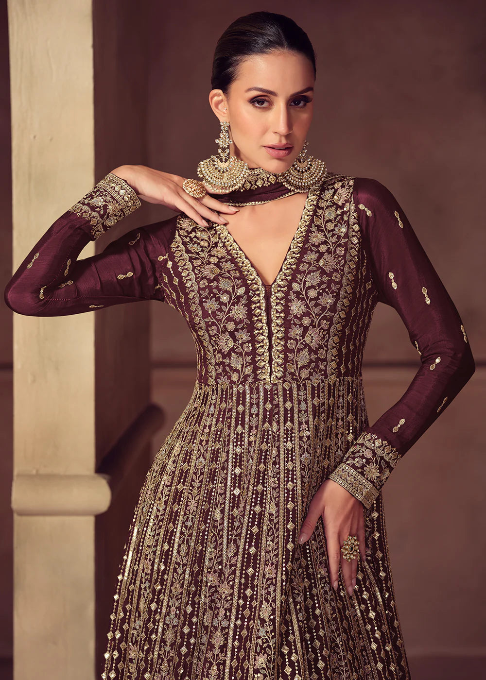 Wine Chinon Anarkali Gown with Embroidery – Wedding & Reception Party Wear