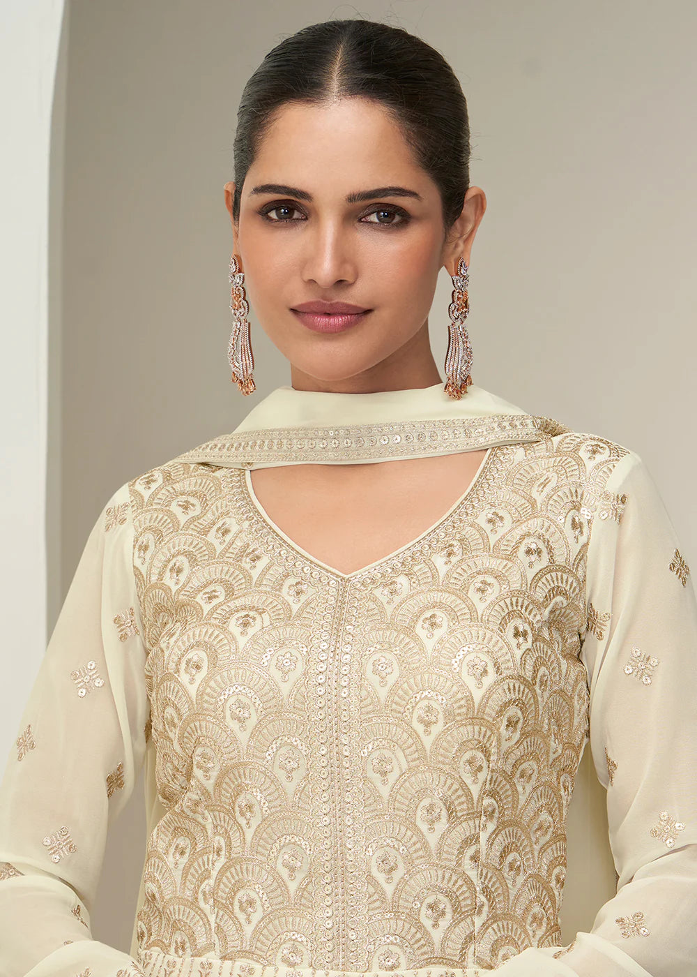 Cream Beige Embroidered Anarkali Gown in Georgette For Pakistani Wedding and Indian Festival