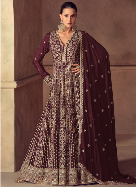 Wine Chinon Anarkali Gown with Embroidery – Wedding & Reception Party Wear