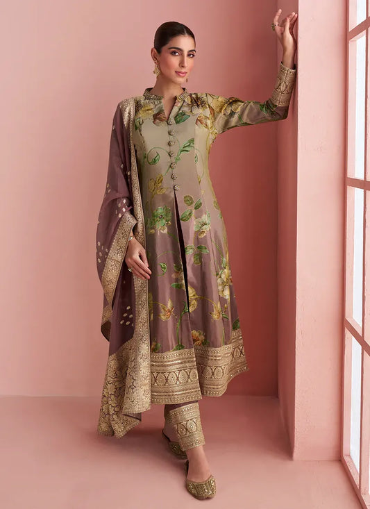 Designer Readymade Beige & Mauve Brown Floral Silk Suit With Dupatta