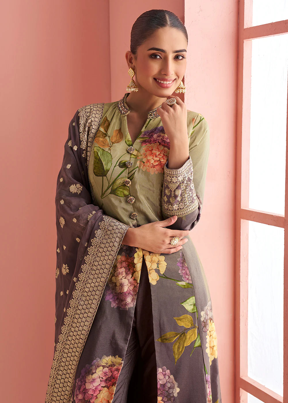 Designer Olive Green & Brown Floral Silk Suit For Indian Wedding