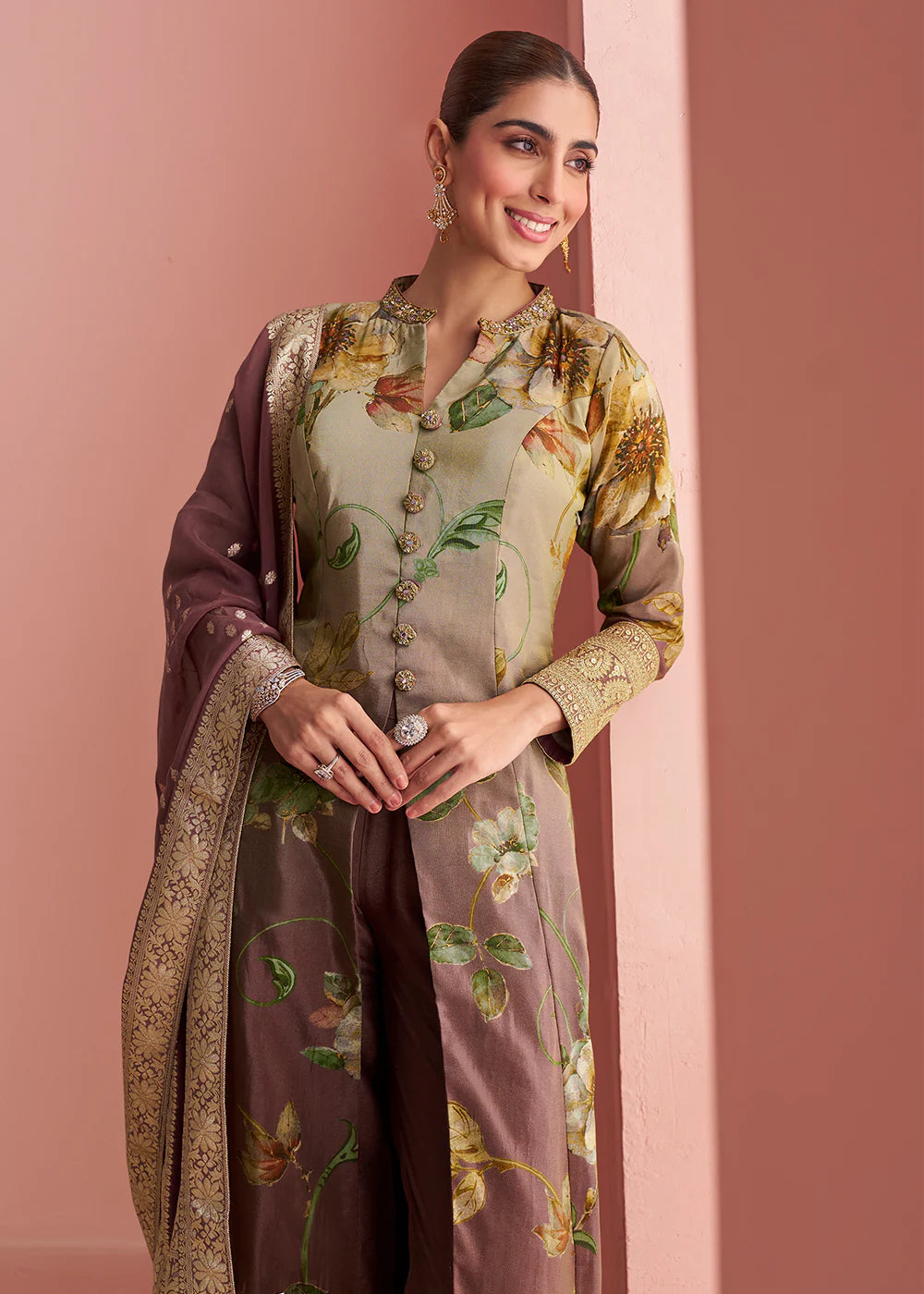 Designer Readymade Beige & Mauve Brown Floral Silk Suit With Dupatta