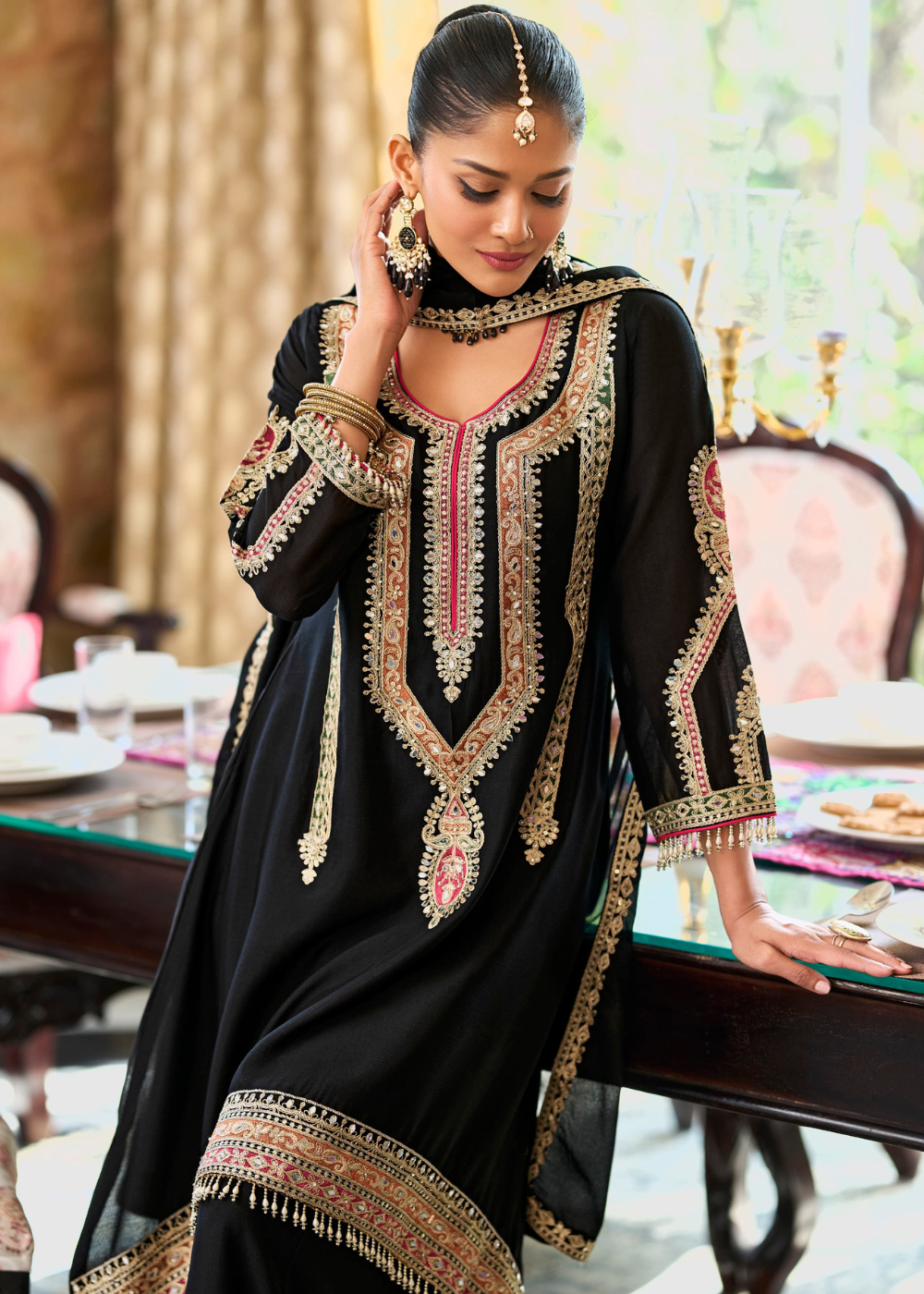 pakistani wedding guest palazzo suit black