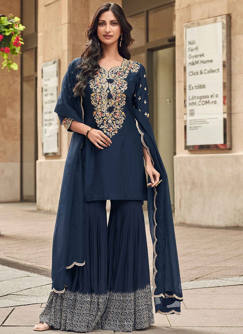 Buy Designer Navy Blue Zari Embroidered Sharara Suit with Sequins Dupatta Elegant Indian & Pakistani Festive Outfit-Bindyaa Customize up to XL (+$20 Buy Designer Navy Blue Zari Embroidered Sharara Suit with Sequins Dupatta Elegant Indian & Pakistani Festive Outfit-Bindyaa Customize up to XL (+$20
