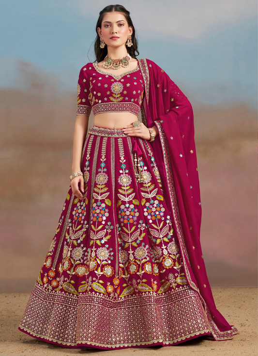 Pink Georgette Lehenga Choli with Dupatta for Indian Wedding and Pakistani Festival – Multi Thread and Mirror Embroidery Work