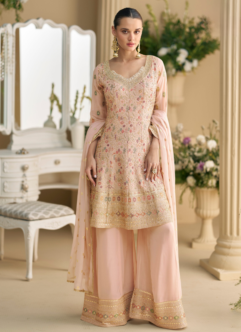 Party Wear Blush Pink  Georgette Long Sleeves Sharara Suit